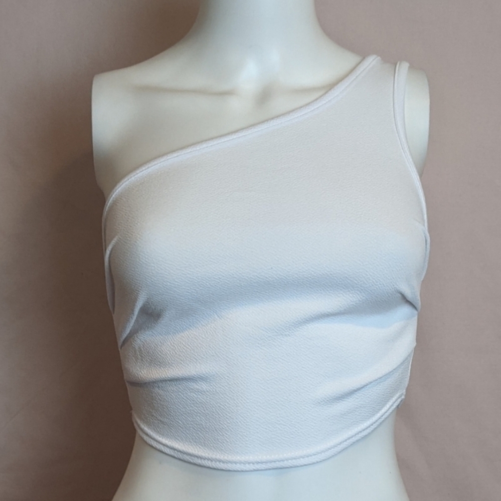 PrettyLittleThing White Ruched One Shoulder Asymmetric Crop Top size 00